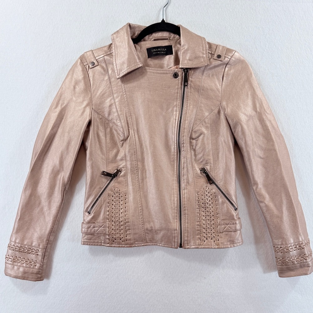 Lika Rulla Moto Jacket Womens Small Rose Gold Metallic Vegan Leather Glam Edgy